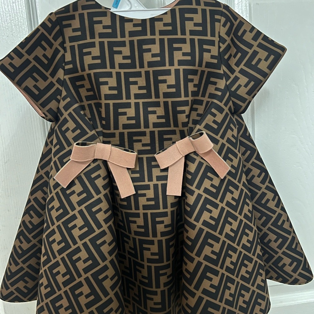 Fendi Black and Brown Logo Dress with Pink Bows